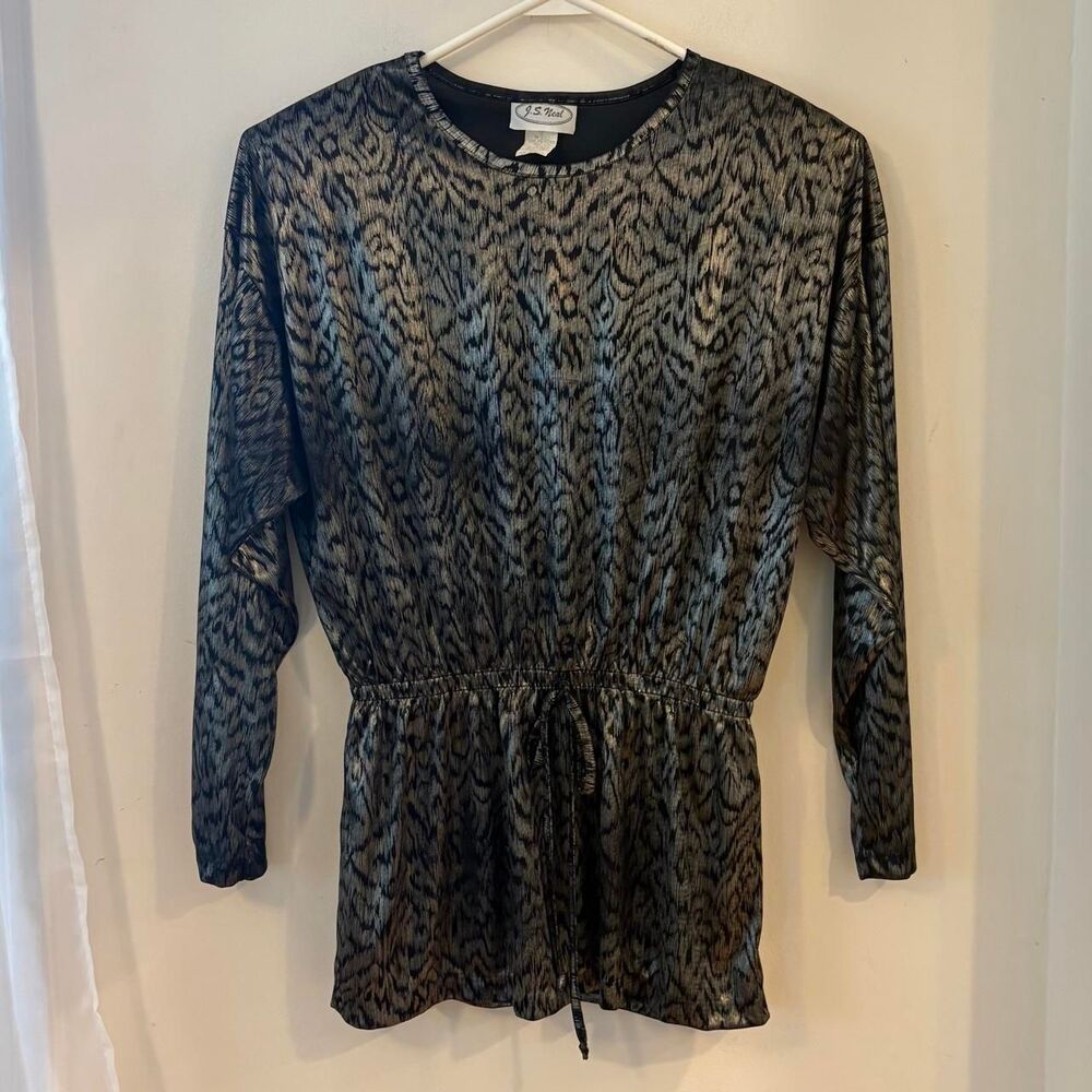 Metallic 80s Silver Long Sleeve Gather Waist Tunic Shoulder Pads Small J S Neal